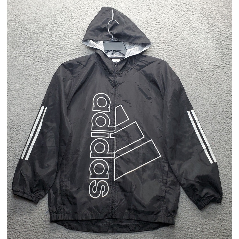 Adidas Windbreaker Jacket Youth Black Stripes Sleeve Hooded Mesh Lined Full‎ Zip